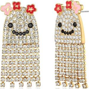 Pave Rhinestone Smiling Ghost Red and Pink Flowers Post Earrings CZ Crystal Gold